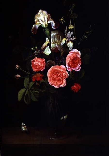Wikioo.org - The Encyclopedia of Fine Arts - Painting, Artwork by Frans Ykens - Flowers in a Glass vase with a butterfly on a ledge