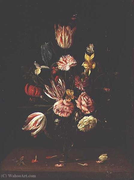 Wikioo.org – L'Enciclopedia delle Belle Arti - Pittura, Opere di Frans Ykens - Tulipani, rose, un iris e una giunchiglia