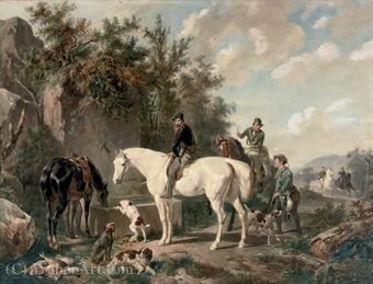 Wikioo.org - สารานุกรมวิจิตรศิลป์ - จิตรกรรม Wouterus Verschuur - Taking a break horses watering after a hunt