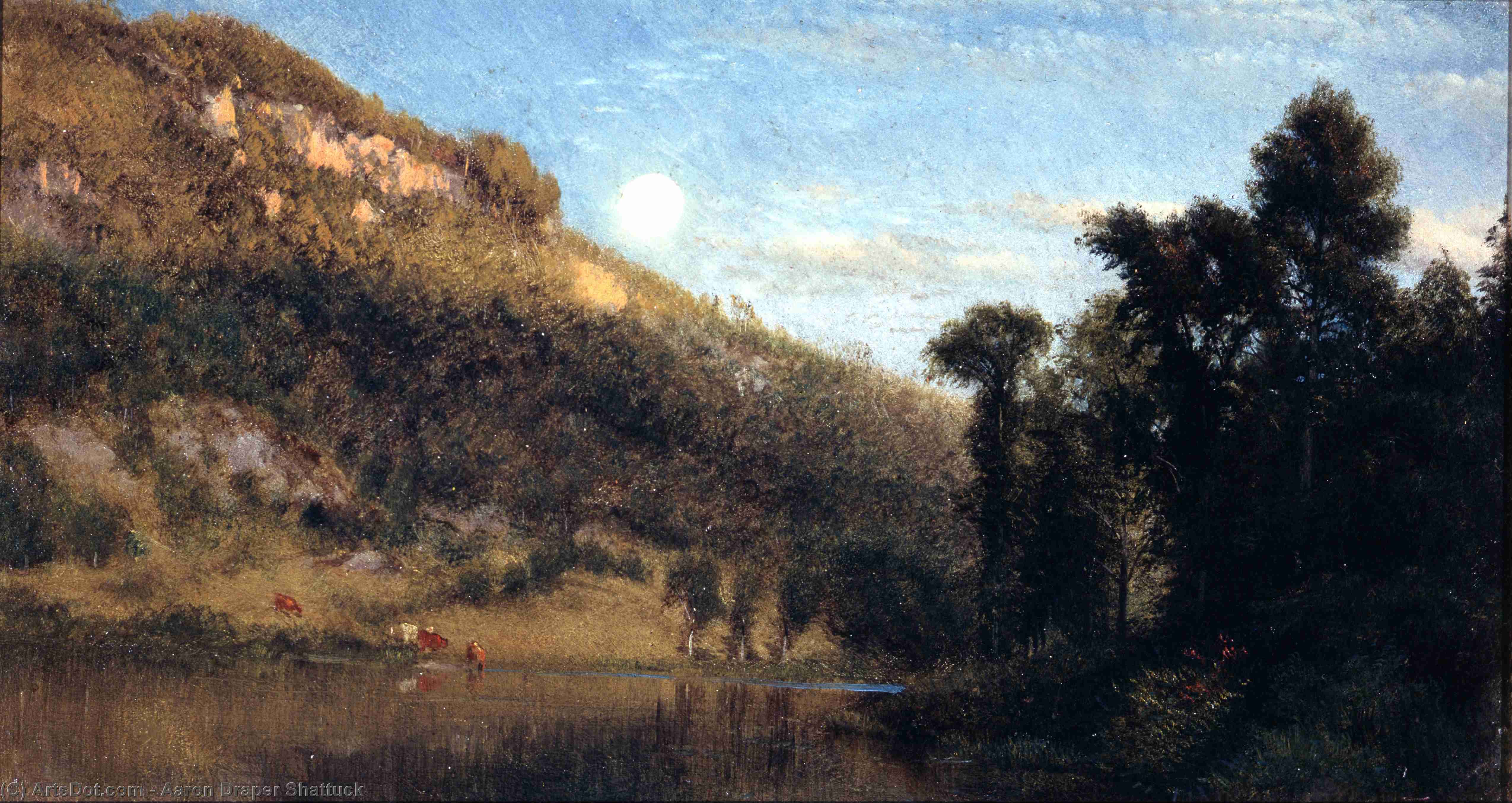 Wikioo.org - The Encyclopedia of Fine Arts - Painting, Artwork by Aaron Draper Shattuck - Berkshire foothills, full moon over meadowbrook