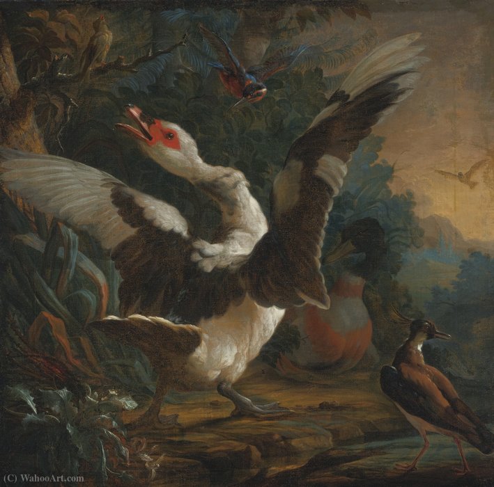 WikiOO.org - Enciclopédia das Belas Artes - Pintura, Arte por Abraham Bisschop - A goose, a kingsfisher, and other birds in a landscape