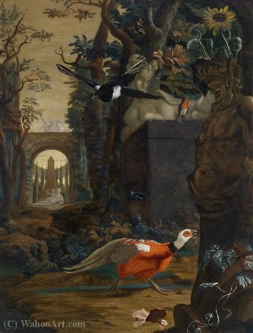 Wikioo.org - The Encyclopedia of Fine Arts - Painting, Artwork by Abraham Bisschop - Landscape with ruins and birds