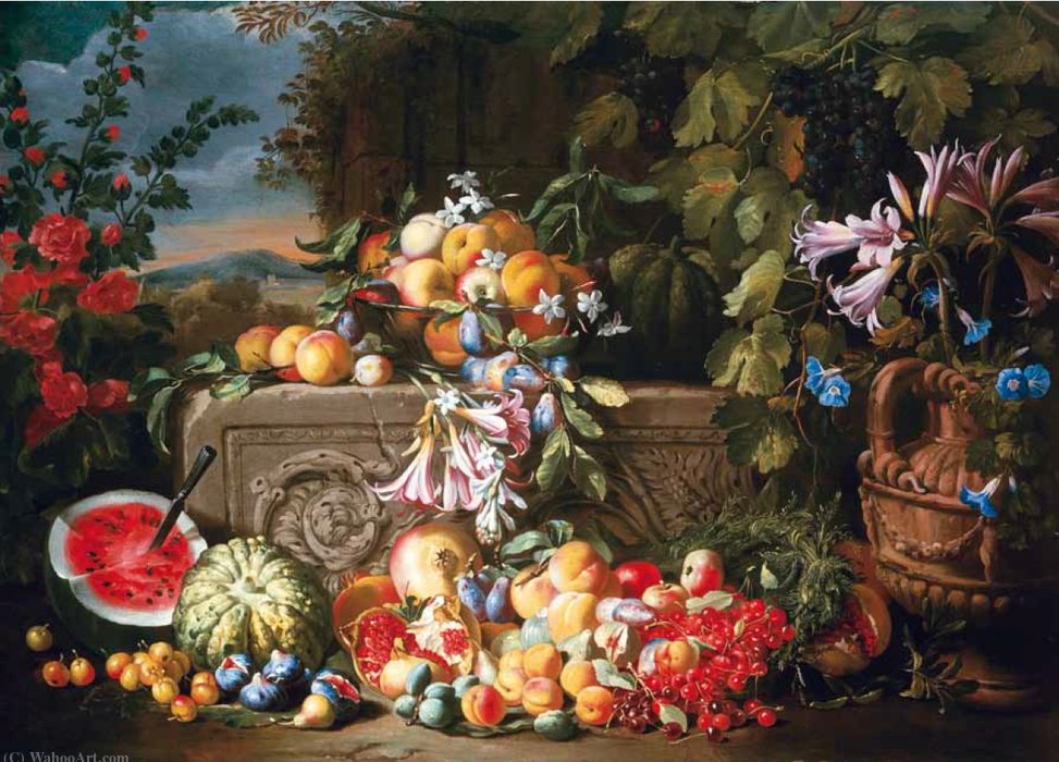 Wikioo.org - The Encyclopedia of Fine Arts - Painting, Artwork by Abraham Brueghel - A still life of fruit and flowers on an acanthus stone relief