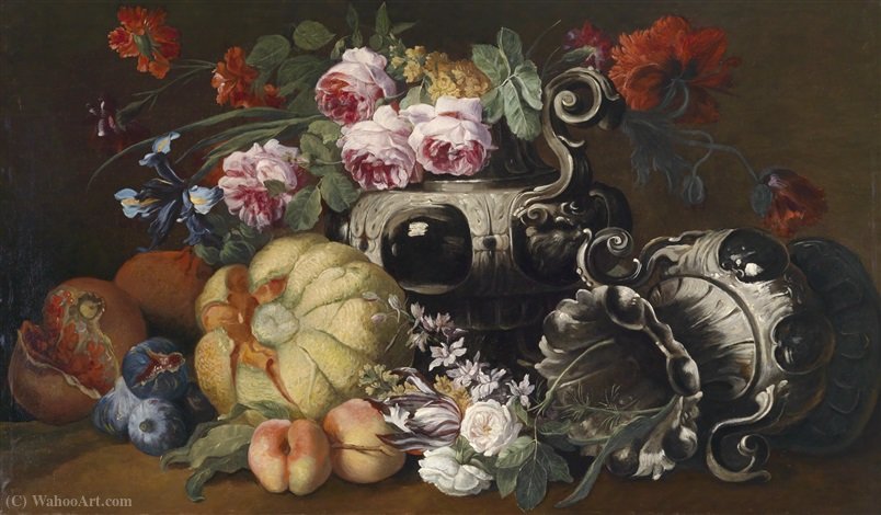WikiOO.org - Encyclopedia of Fine Arts - Maleri, Artwork Abraham Brueghel - Ein Stillleben mit Blumen und Früchten und zwei barocken Prunkvasen