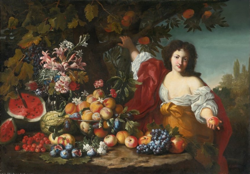 Wikioo.org - The Encyclopedia of Fine Arts - Painting, Artwork by Abraham Brueghel - Still life of fruits and flowers with a figure