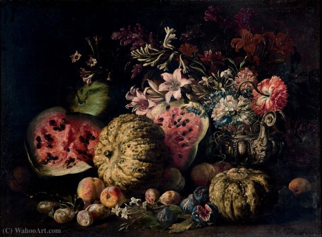 Wikioo.org - สารานุกรมวิจิตรศิลป์ - จิตรกรรม Abraham Brueghel - Zucche, angurie, pere, fichi, altri frutti e fiori in un vaso di peltro su un piano
