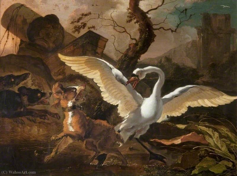 WikiOO.org - Encyclopedia of Fine Arts - Maľba, Artwork Abraham Danielsz Hondius - A Swan Enraged by Dogs