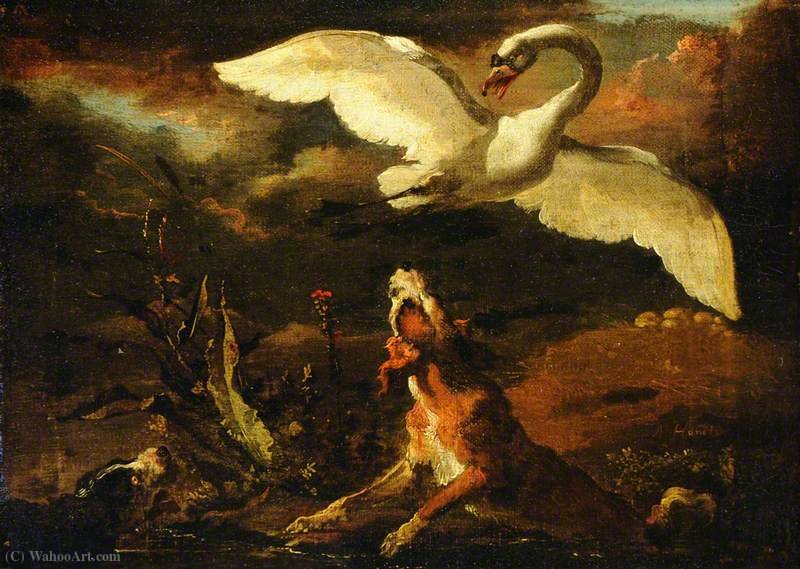 Wikioo.org - สารานุกรมวิจิตรศิลป์ - จิตรกรรม Abraham Danielsz Hondius - Hounds Putting up a Swan