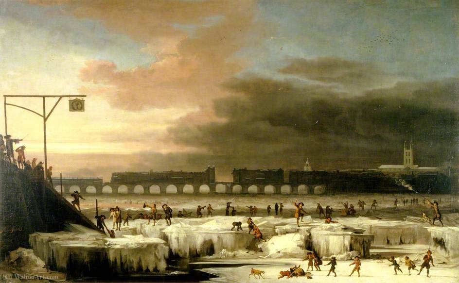 WikiOO.org - Encyclopedia of Fine Arts - Maľba, Artwork Abraham Danielsz Hondius - The Frozen Thames, Looking Eastwards towards Old London Bridge, London