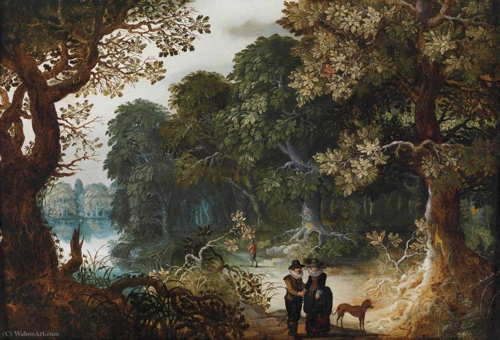 Wikioo.org - The Encyclopedia of Fine Arts - Painting, Artwork by Abraham Govaerts - An elegant couple strolling through the forest