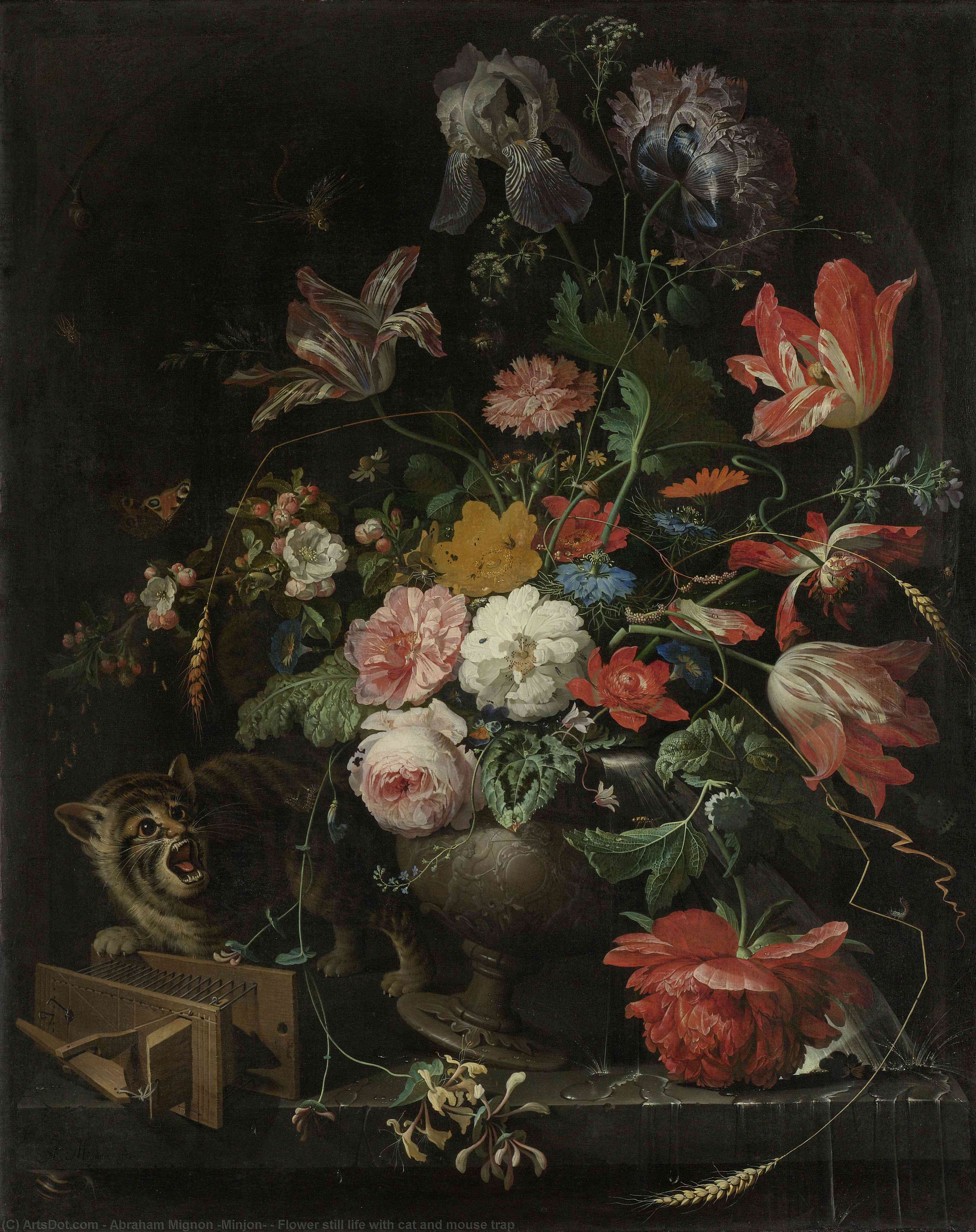 Wikioo.org - The Encyclopedia of Fine Arts - Painting, Artwork by Abraham Mignon (Minjon) - Flower still life with cat and mouse trap