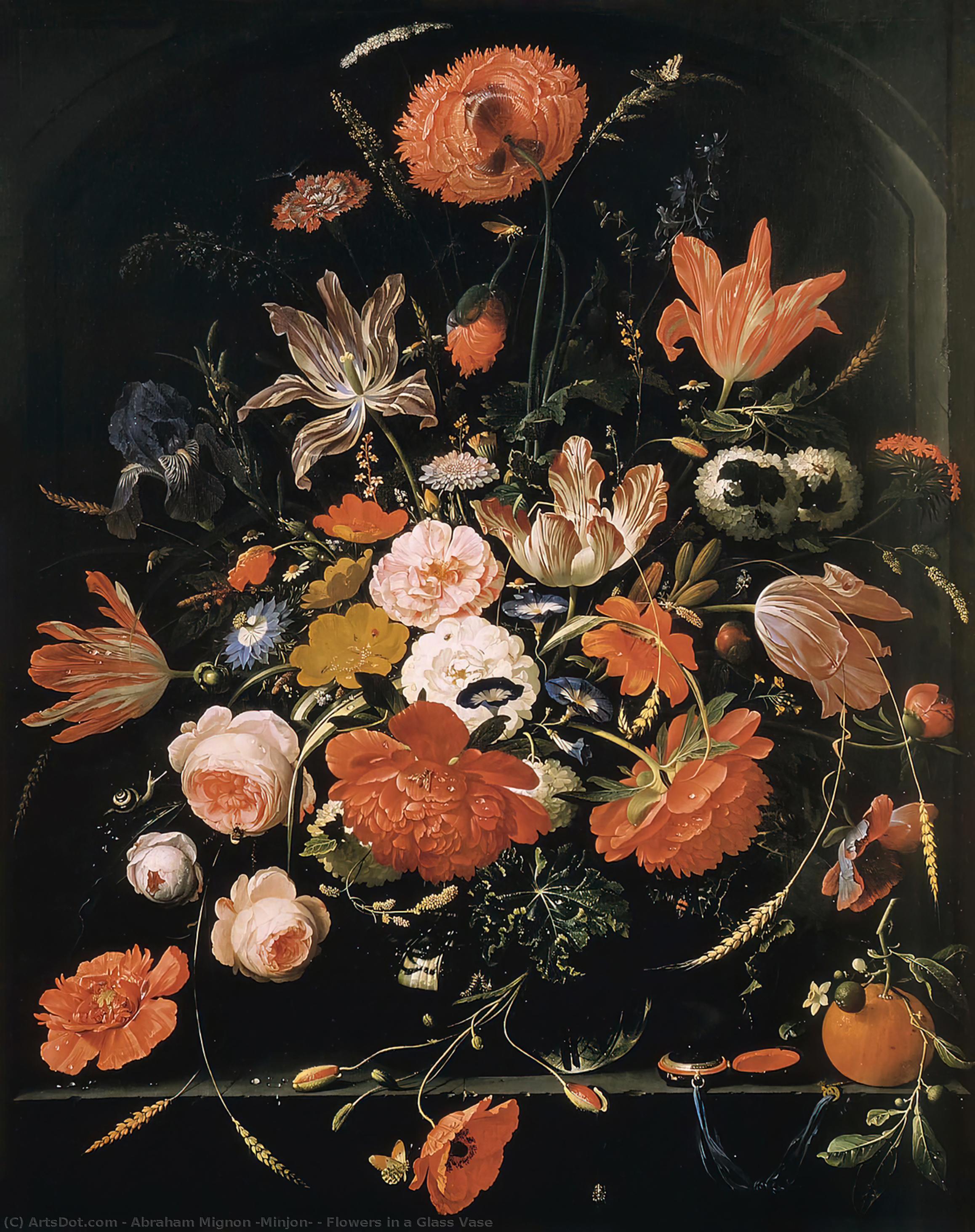 Wikioo.org - The Encyclopedia of Fine Arts - Painting, Artwork by Abraham Mignon (Minjon) - Flowers in a Glass Vase
