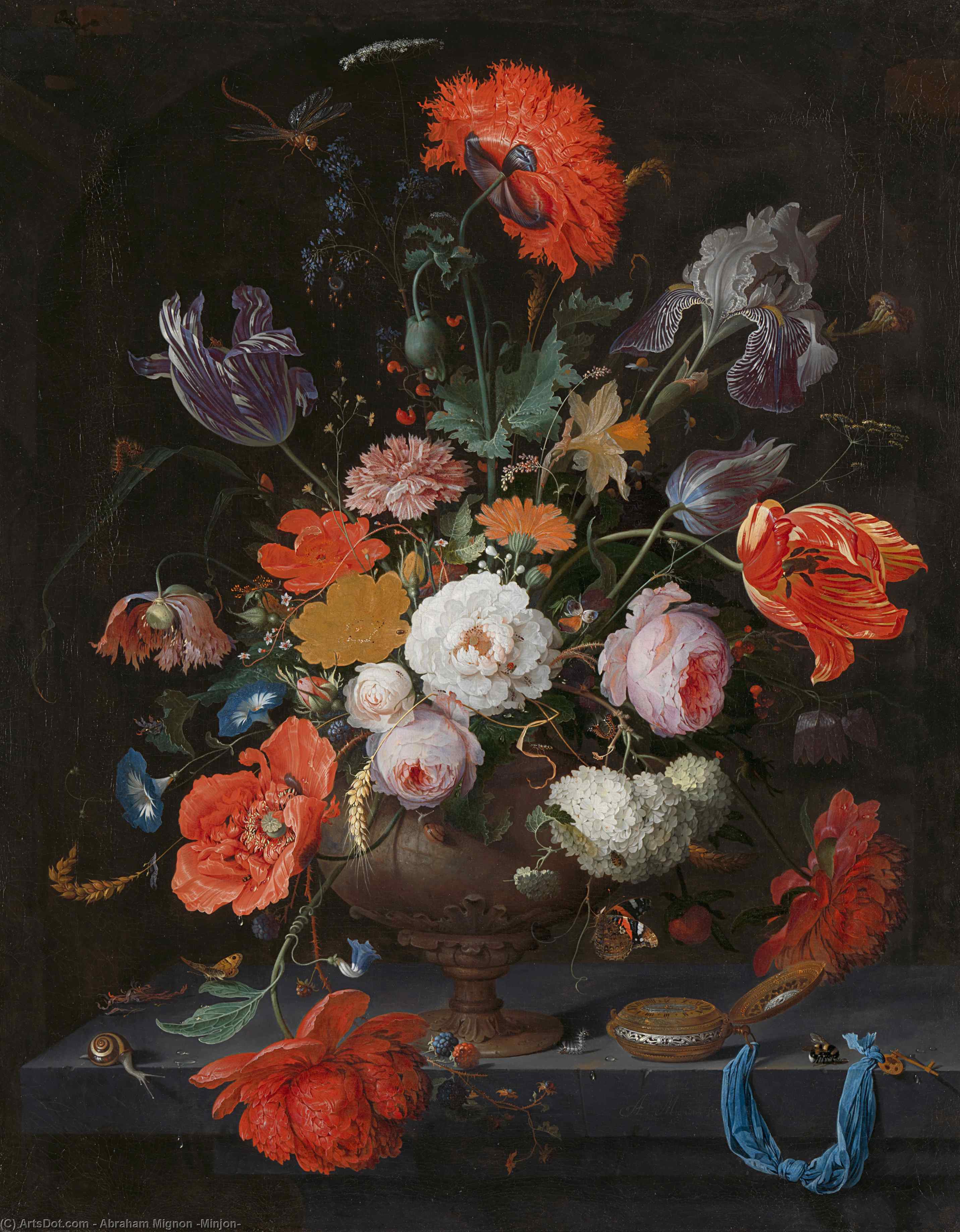 Wikioo.org - The Encyclopedia of Fine Arts - Painting, Artwork by Abraham Mignon (Minjon) - Still Life with Flowers and a watch