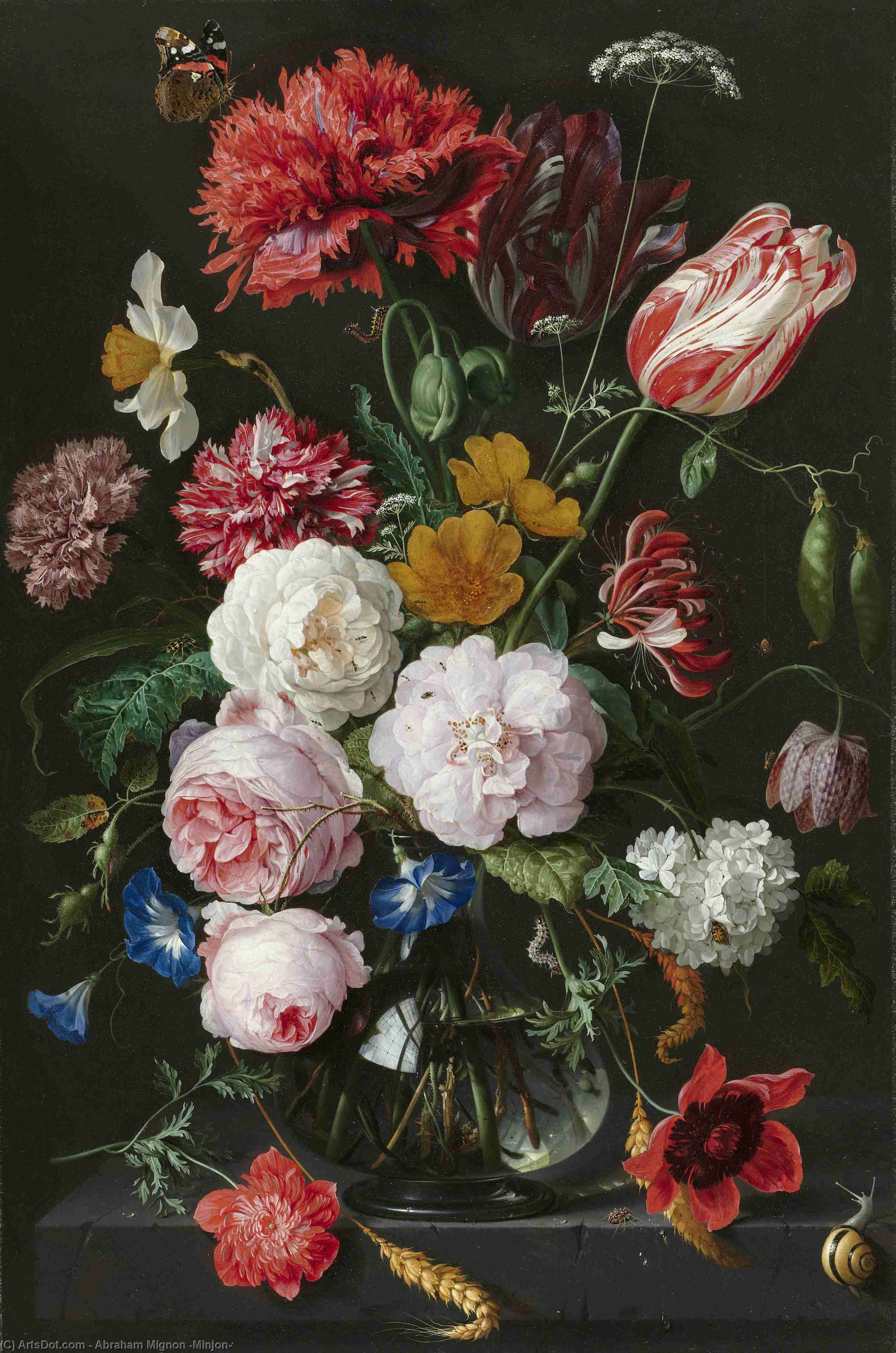 Wikioo.org - The Encyclopedia of Fine Arts - Painting, Artwork by Abraham Mignon (Minjon) - Still life with flowers in a glass vase