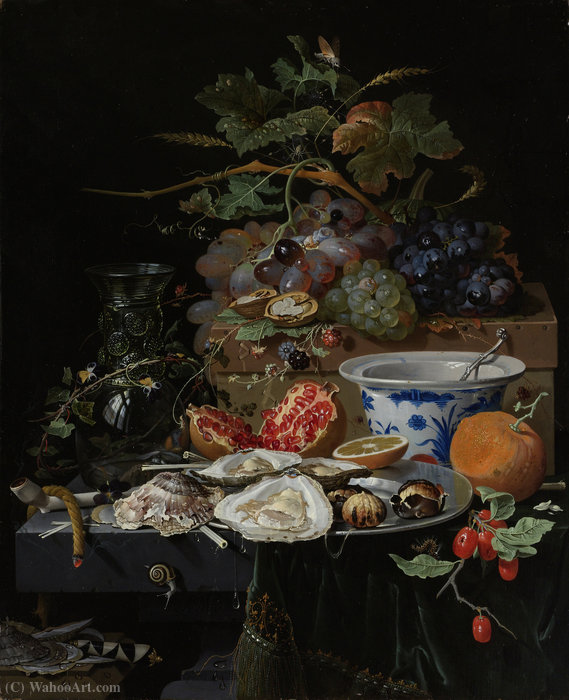 Wikioo.org - The Encyclopedia of Fine Arts - Painting, Artwork by Abraham Mignon (Minjon) - Still life with fruit, oysters and a porcelain bowl