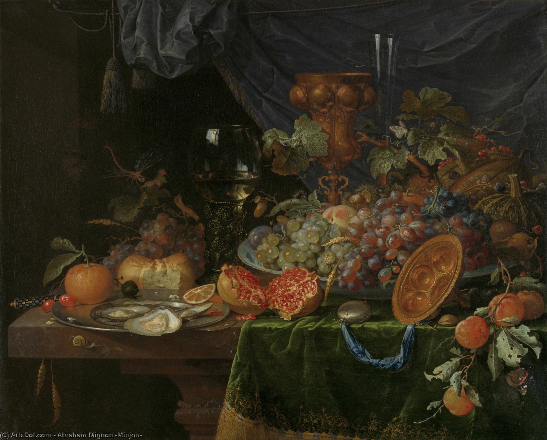 Wikioo.org - The Encyclopedia of Fine Arts - Painting, Artwork by Abraham Mignon (Minjon) - Still life with fruits and oysters