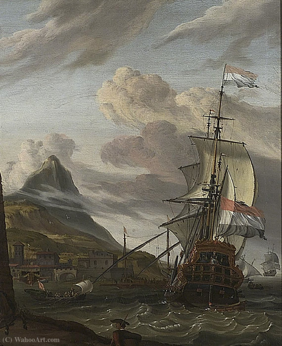 WikiOO.org - Encyclopedia of Fine Arts - Målning, konstverk Abraham Storck (Sturckenburch) - A Dutch Ship Entering a Mediterranean Port