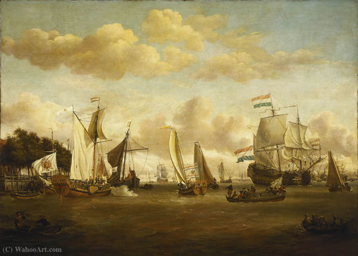 Wikioo.org - The Encyclopedia of Fine Arts - Painting, Artwork by Abraham Storck (Sturckenburch) - A Dutch Yacht on the River Y