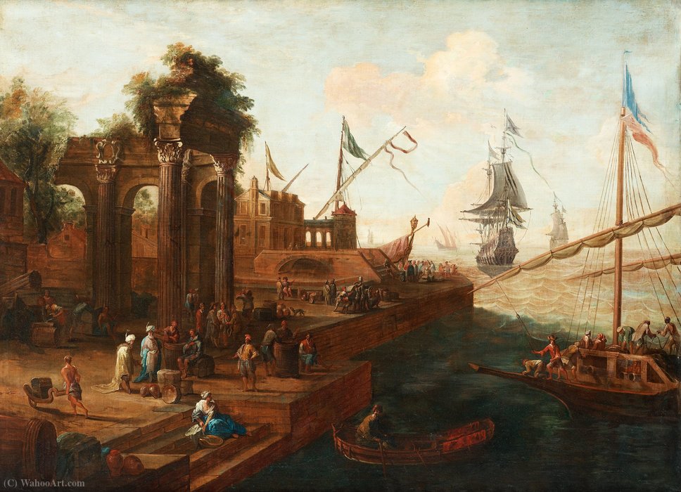 Wikioo.org - สารานุกรมวิจิตรศิลป์ - จิตรกรรม Abraham Storck (Sturckenburch) - Southern port with figures and ships