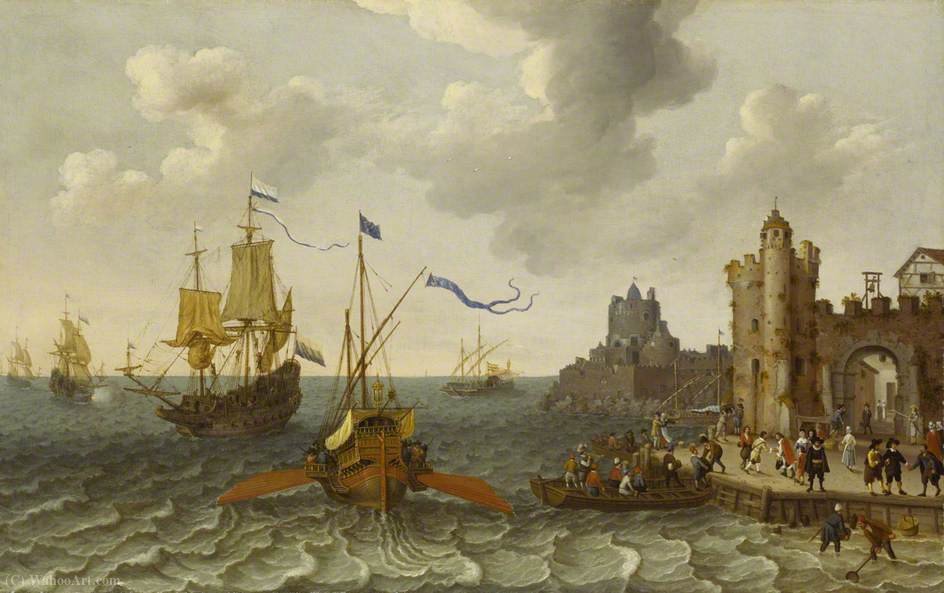Wikioo.org - The Encyclopedia of Fine Arts - Painting, Artwork by Abraham Willaerts - A French Galley and Dutch Men-of-War off a Port