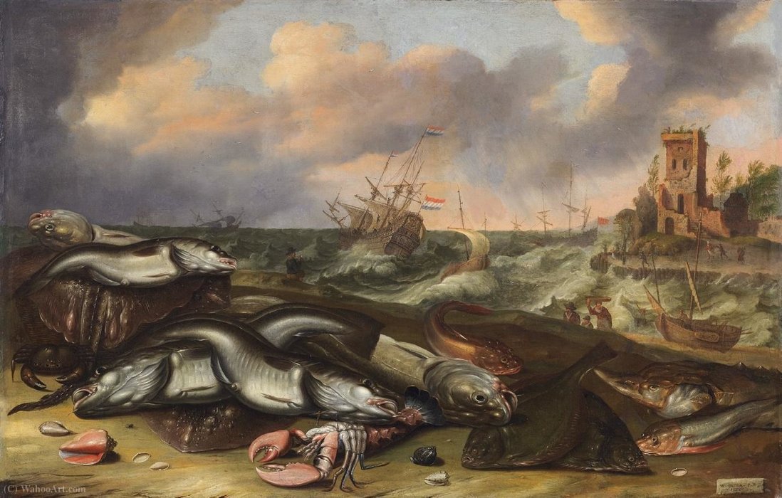 Wikioo.org - The Encyclopedia of Fine Arts - Painting, Artwork by Abraham Willaerts - Fish still life with stormy seas