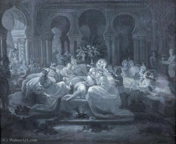 WikiOO.org - Encyclopedia of Fine Arts - Maleri, Artwork Achille Jacques Jean Marie Devéria - Le banquet oriental, en grisaille