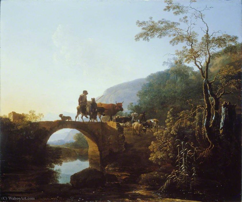 Wikioo.org - The Encyclopedia of Fine Arts - Painting, Artwork by Adam Pynacker - Bridge in an Italian Landscape