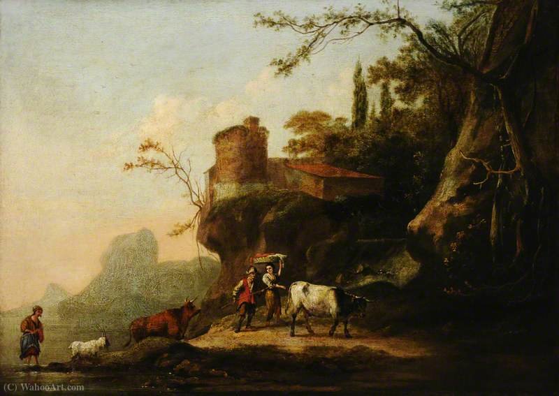 Wikioo.org - The Encyclopedia of Fine Arts - Painting, Artwork by Adam Pynacker - Landscape with Cowherd and Woman Carrying a Laundry Basket