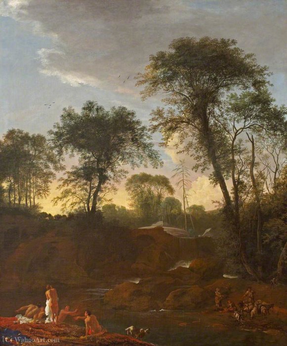 Wikioo.org - The Encyclopedia of Fine Arts - Painting, Artwork by Adam Pynacker - Landscape with Figures Bathing