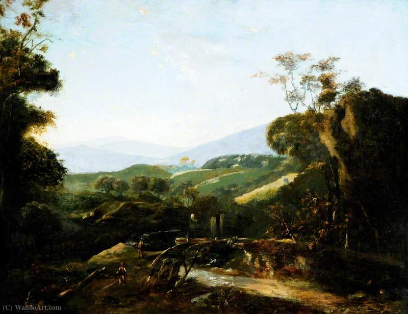 Wikioo.org - The Encyclopedia of Fine Arts - Painting, Artwork by Adam Pynacker - Mountainous Landscape with Figures by a Bridge
