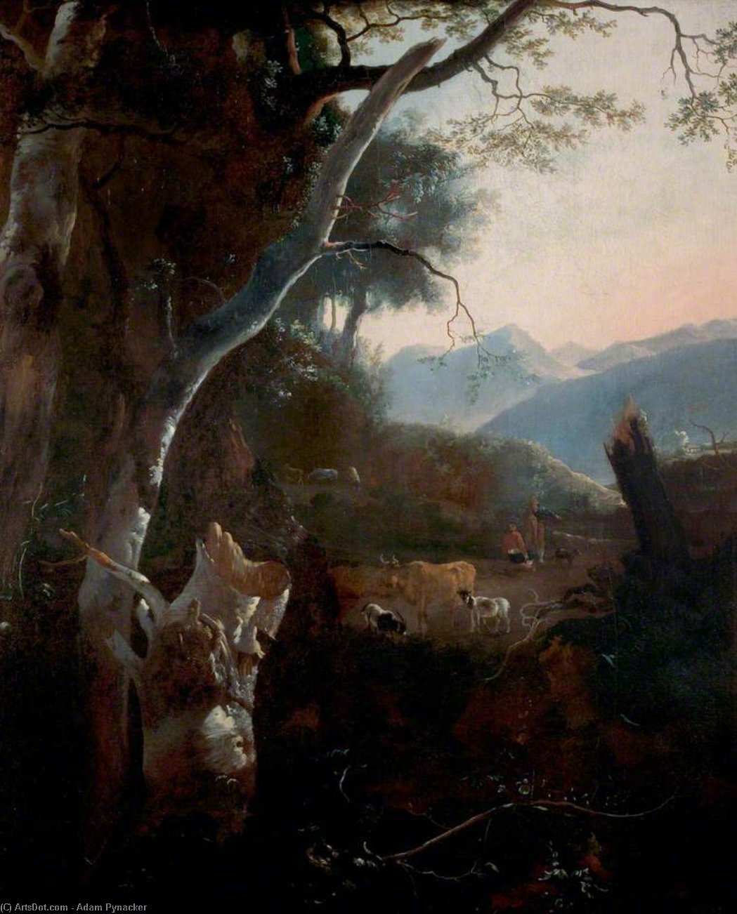 WikiOO.org - Enciklopedija dailės - Tapyba, meno kuriniai Adam Pynacker - Mountainous Landscape with Peasants, Cows and Goats