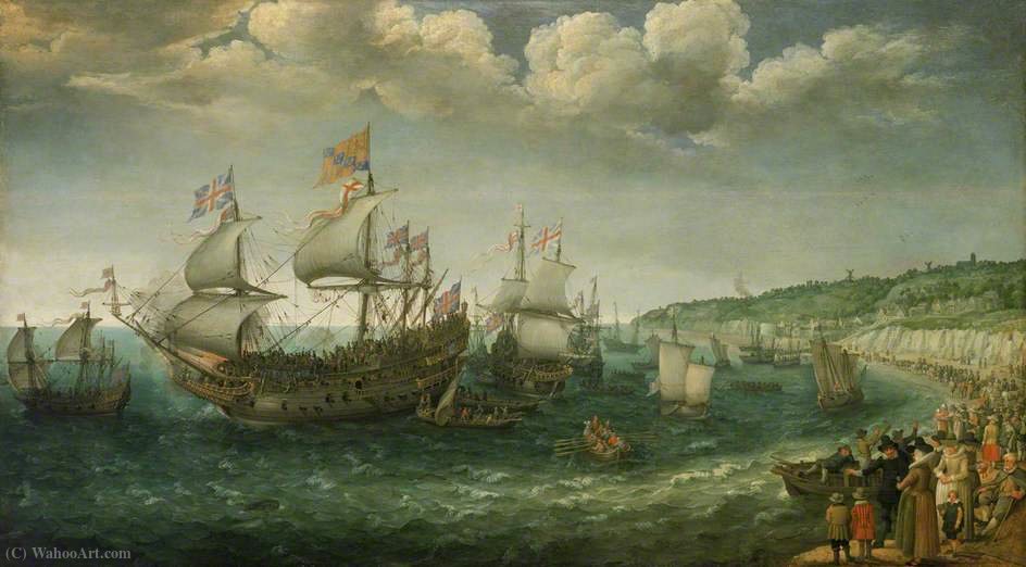 Wikioo.org - The Encyclopedia of Fine Arts - Painting, Artwork by Adam Willaerts - Embarkation of the Elector Palatine in the 'Prince Royal' at Dover