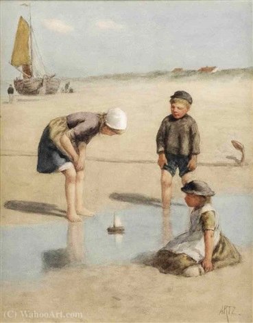 Wikioo.org - The Encyclopedia of Fine Arts - Painting, Artwork by Adolph Artz (David Adolf Constant Artz) - Sailing the toy boat