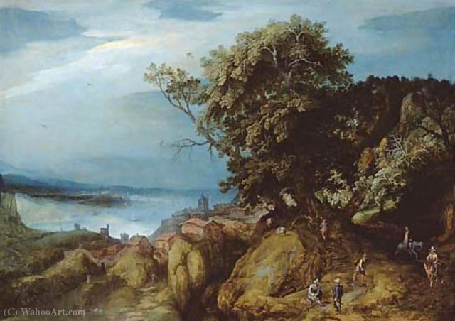 Wikioo.org - The Encyclopedia of Fine Arts - Painting, Artwork by Adriaan Van Stalbemt - A rocky river landscape with travellers on a path by a town