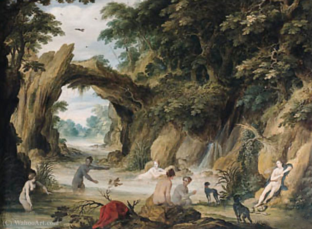 Wikioo.org – La Enciclopedia de las Bellas Artes - Pintura, Obras de arte de Adriaan Van Stalbemt - Diana y sus ninfas bañándose después de la persecución