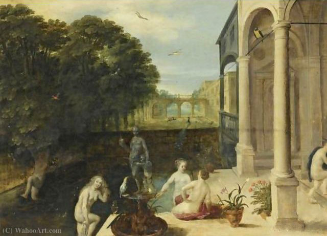 WikiOO.org - Εγκυκλοπαίδεια Καλών Τεχνών - Ζωγραφική, έργα τέχνης Adriaan Van Stalbemt - Nymphs bathing in a classical garden setting
