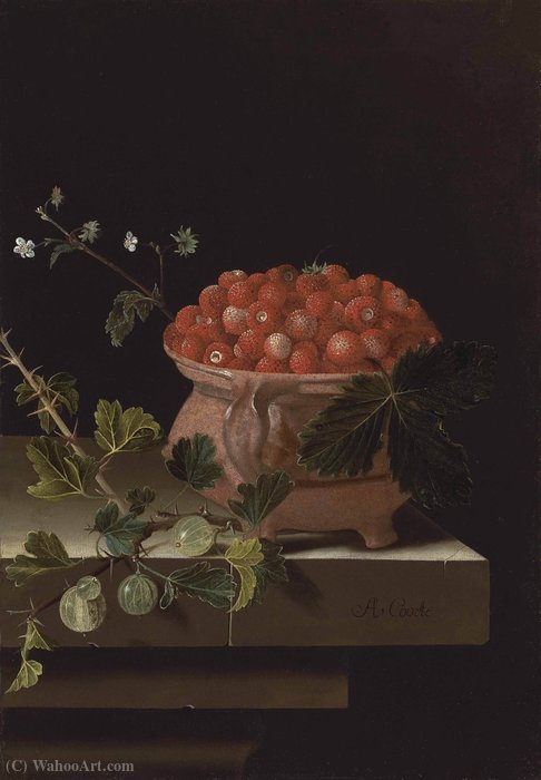 WikiOO.org - Enciklopedija dailės - Tapyba, meno kuriniai Adriaen Coorte - A bowl of strawberries with gooseberries on a stone ledge
