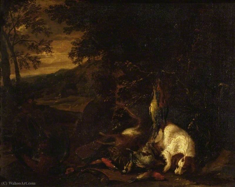 Wikioo.org - The Encyclopedia of Fine Arts - Painting, Artwork by Adriaen De Gryef - Spaniel and Dead Game in a Landscape