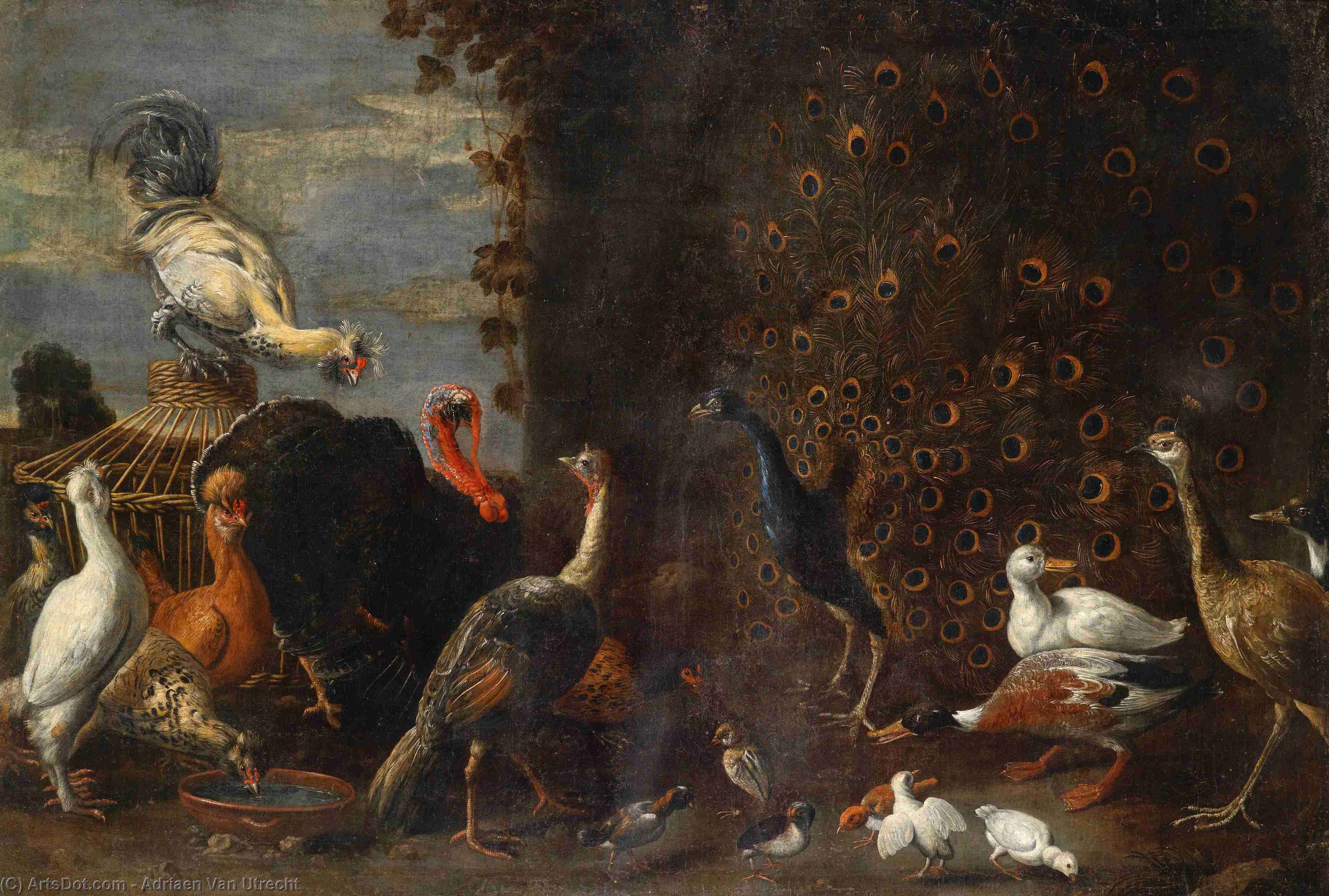 Wikioo.org - The Encyclopedia of Fine Arts - Painting, Artwork by Adriaen Van Utrecht - Chicken run with peacock turkey and duck