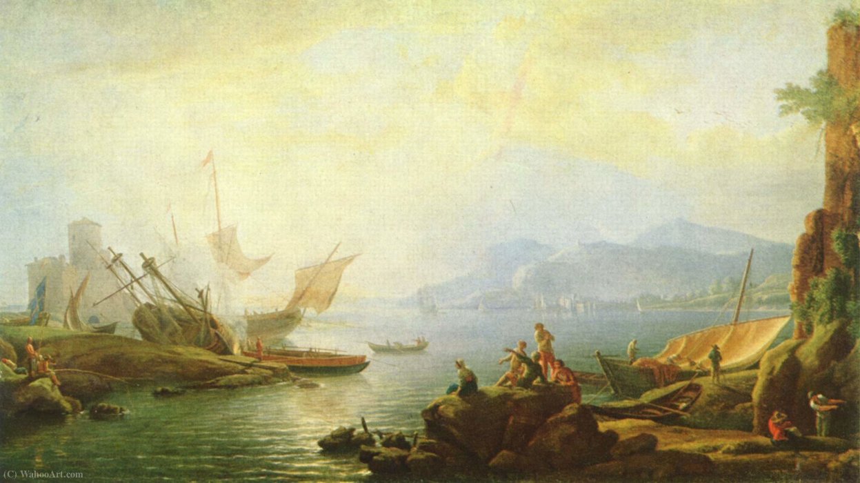 Wikioo.org - สารานุกรมวิจิตรศิลป์ - จิตรกรรม Adrien Manglard - Estuary and harbor