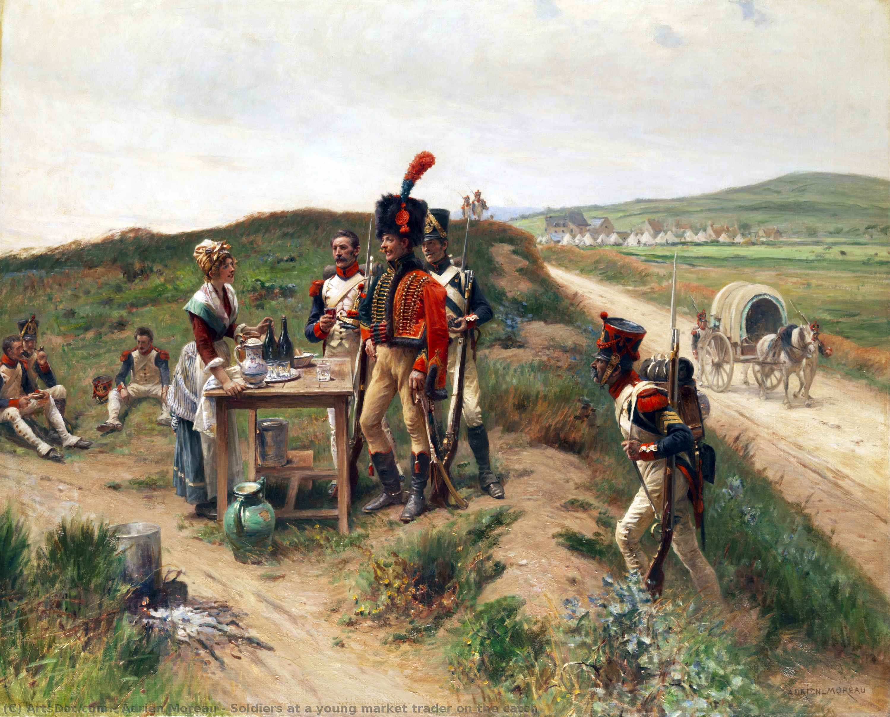 Wikioo.org - The Encyclopedia of Fine Arts - Painting, Artwork by Adrien Moreau - Soldiers at a young market trader on the catch