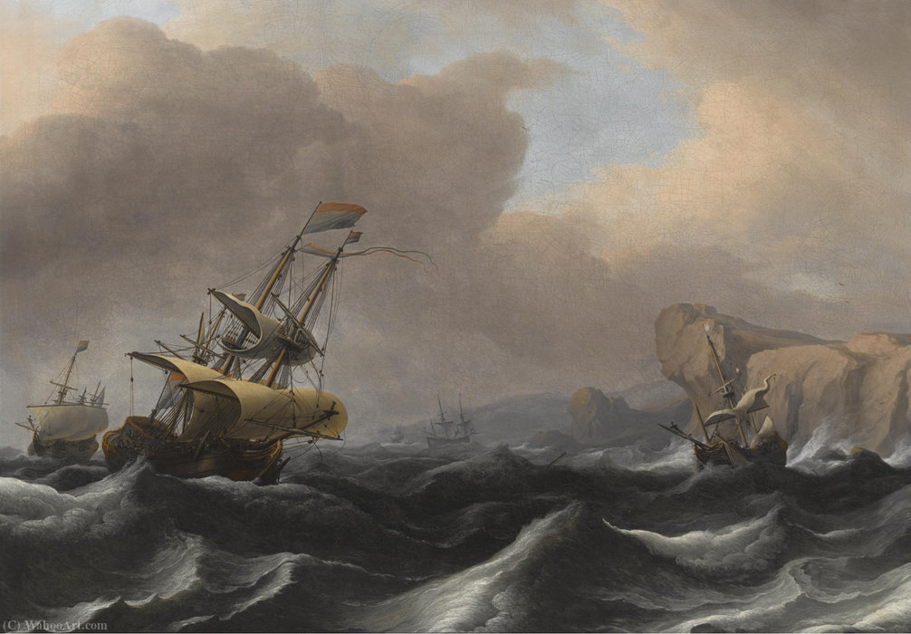 WikiOO.org - Encyclopedia of Fine Arts - Målning, konstverk Aernout Smit - A dutch frigate and other shipping in stormy seas along a rocky coastline