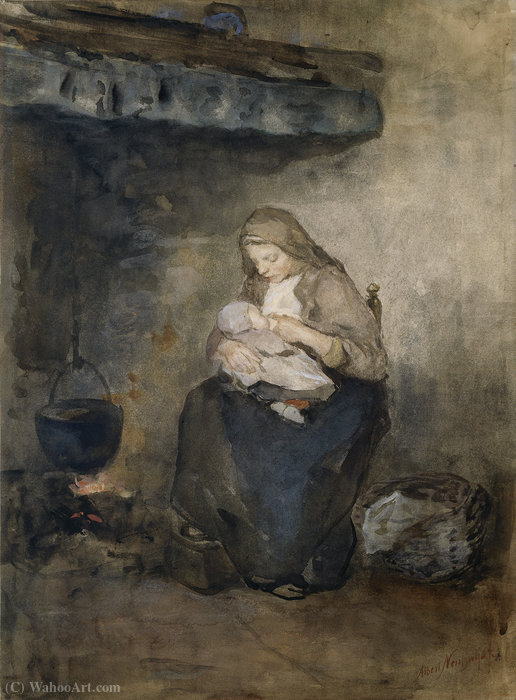 WikiOO.org - Enciclopédia das Belas Artes - Pintura, Arte por Albert Neuhuys - Mother Nursing her Child by the Fireplace