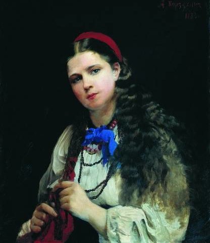 WikiOO.org - Enciclopédia das Belas Artes - Pintura, Arte por Aleksei Ivanovich Korzukhin - A girl braiding her hair