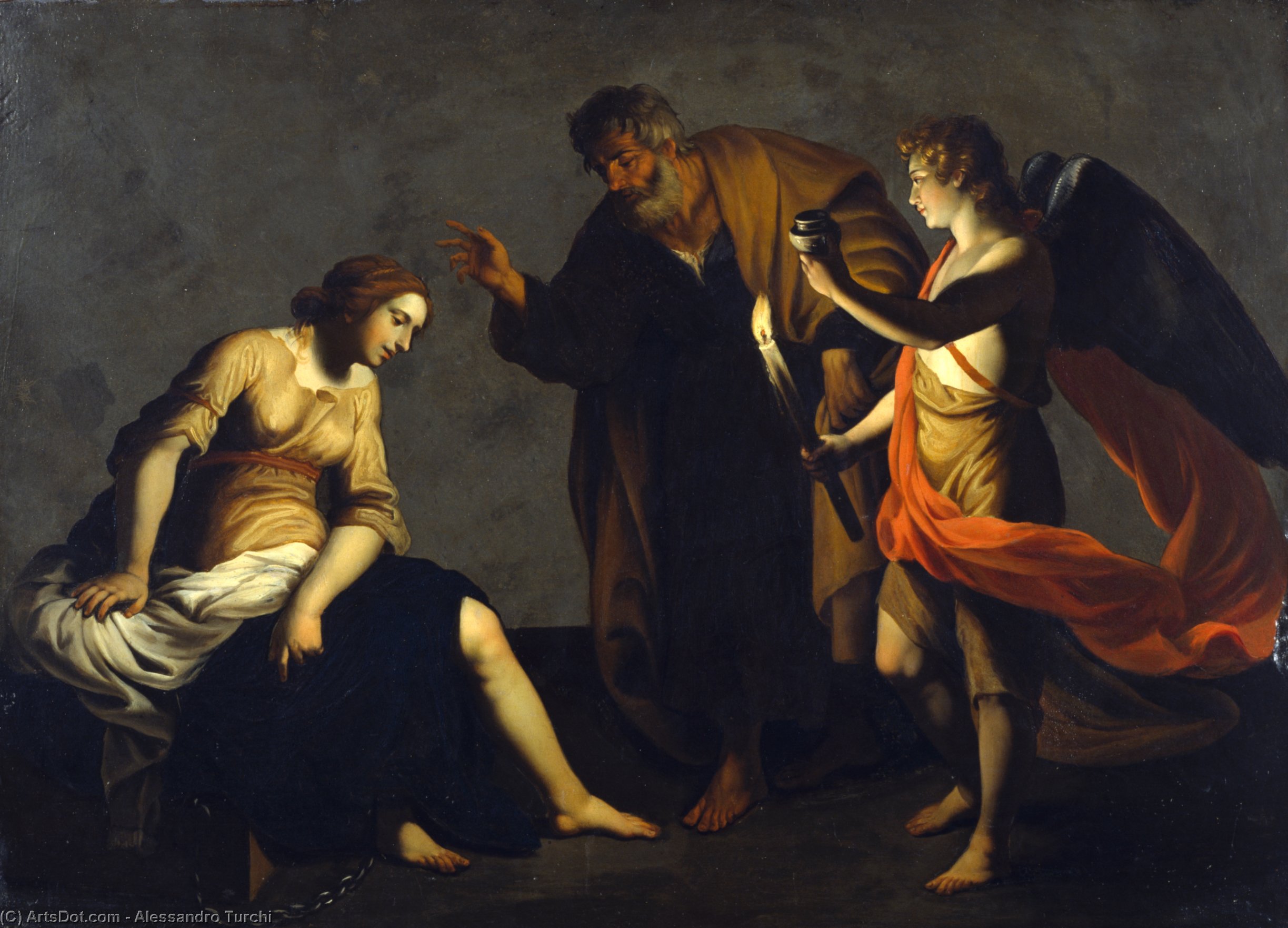 Wikioo.org - The Encyclopedia of Fine Arts - Painting, Artwork by Alessandro Turchi - Saint Agatha Attended by Saint Peter and an Angel in Prison