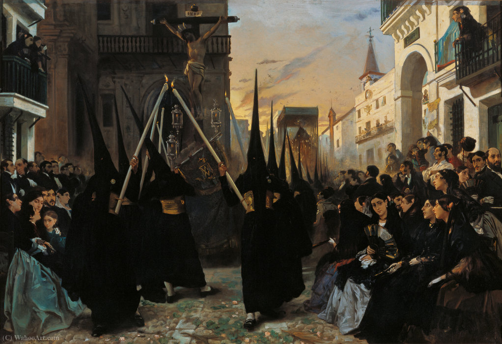 Wikioo.org - The Encyclopedia of Fine Arts - Painting, Artwork by Alfred Dehodencq - A Confraternity in Procession along Calle Génova