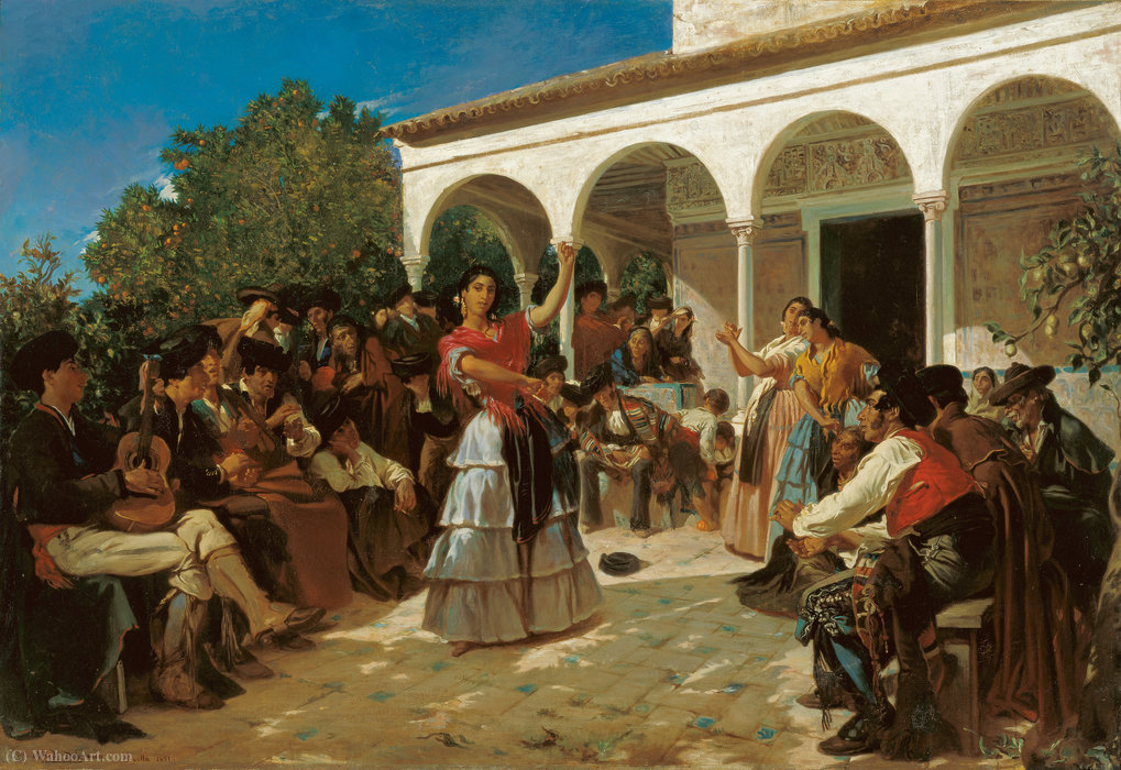 Wikioo.org - The Encyclopedia of Fine Arts - Painting, Artwork by Alfred Dehodencq - A Gypsy Dance in the Gardens of the Alcázar, in front of Charles V Pavilion.