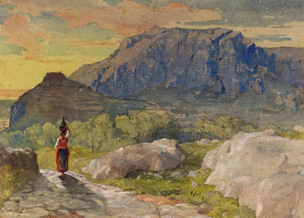 Wikioo.org - The Encyclopedia of Fine Arts - Painting, Artwork by Alfred Downing Fripp - Peasant Woman in a Mountainous Landscape