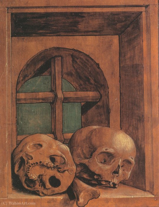 WikiOO.org - Encyclopedia of Fine Arts - Maalaus, taideteos Ambrosius Holbein - Two Skulls in a Window Niche