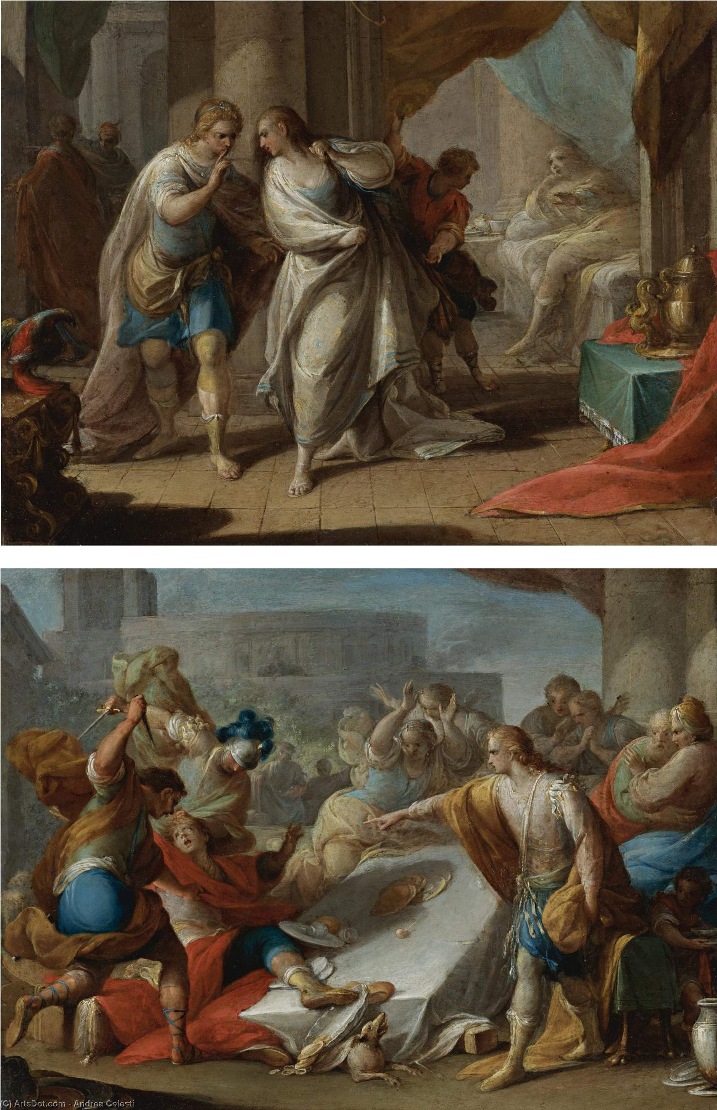 Wikioo.org - The Encyclopedia of Fine Arts - Painting, Artwork by Andrea Celesti - Amnon's outrage on behalf of his sister tamar; absalom orders the murder of amnon